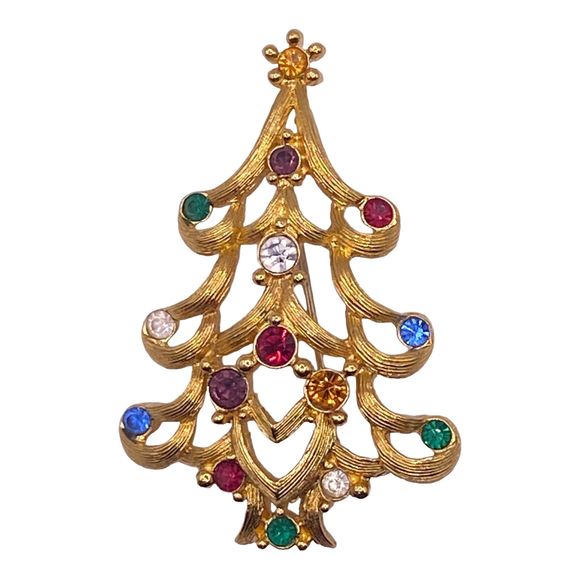 Monet Christmas Tree Pin Brooch Rhinestone Brushed Gold Signed Vintage - Picture 2 of 5